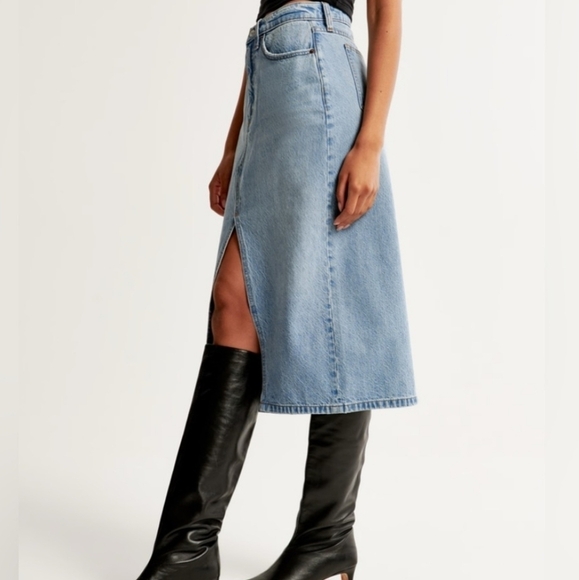 Abercrombie & Fitch High Rise Pencil Denim Midi Jeans Skirt Front Slit Sz 34/18 - Picture 2 of 6